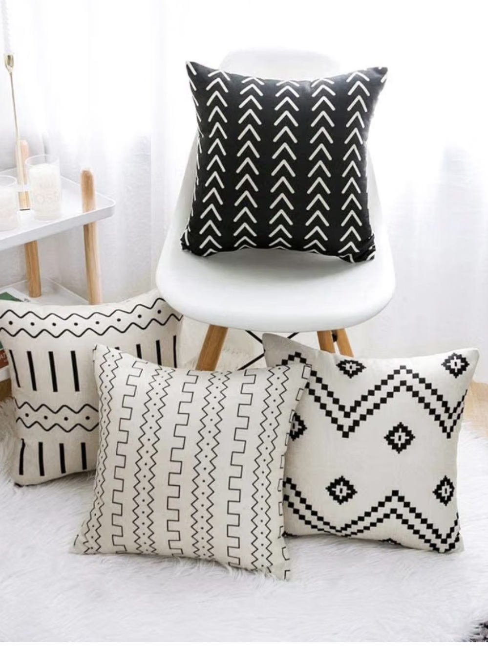 Set of 4 boho pillow covers 18x18 black white